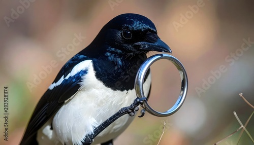 Magpie holding metal wedding ring closeup.