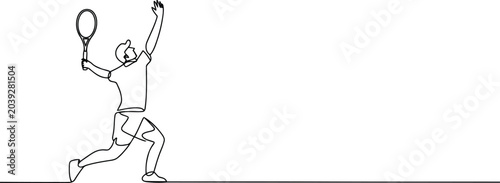 Black and white continuous line of a male tennis player in the middle of a tennis serve motion 