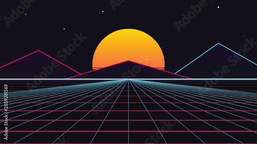 Obraz na płótnie Neon Sun and Mountain Landscape 80s Retrowave Synthwave Aesthetic Digital Illust