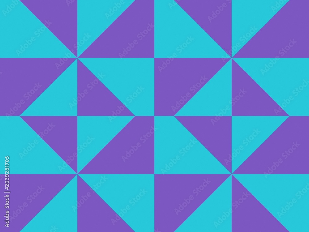 Obraz premium Geometric pattern of triangles in purple and teal. Symmetrical design creates a bold, modern visual effect. Suitable for backgrounds, digital projects, or graphic overlays