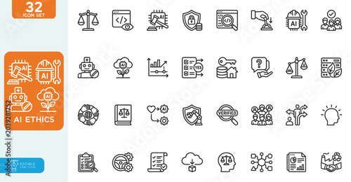 Ai ethics Vector illustration line editable icons set. Containing fairness, transparency, guidelines, artificial intelligence, ethical dilemma, explainable AI, and more. on white background.