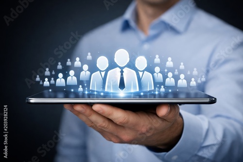 Digital crm concept of customer relationship management on tablet screen. Ai generative