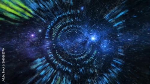 Vibrant blue spiral galaxy with bright lights and colorful streaks in space
