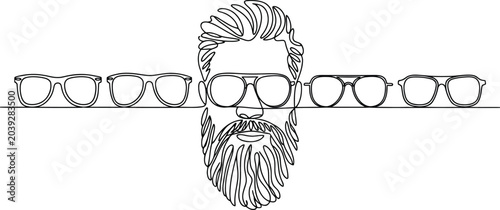 Single line of a man with a beard wearing glasses surrounded by multiple pairs of eyeglasses 