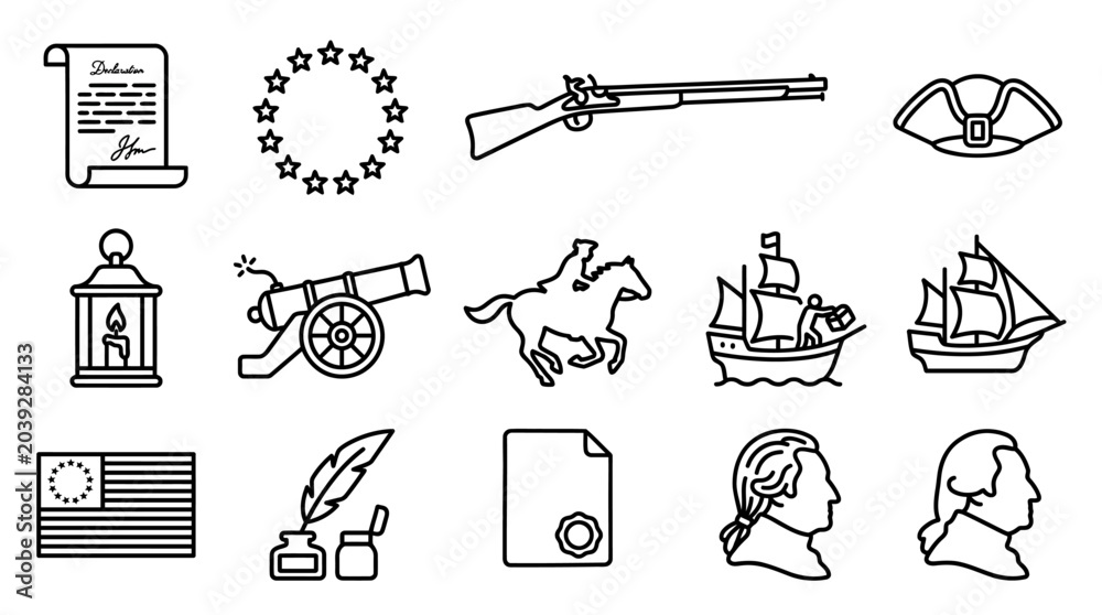 Fototapeta premium American Independence Day Revolutionary War History Icons Set.