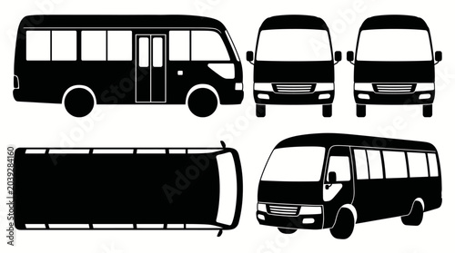Black and white silhouette set of a minibus from different perspectives.
