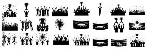 Foto Mega set of championship victory silhouettes, stadium audience vector illustrations, players lifting cup trophy pack with cheering fans, sports victory and stadium audience silhouette bundle