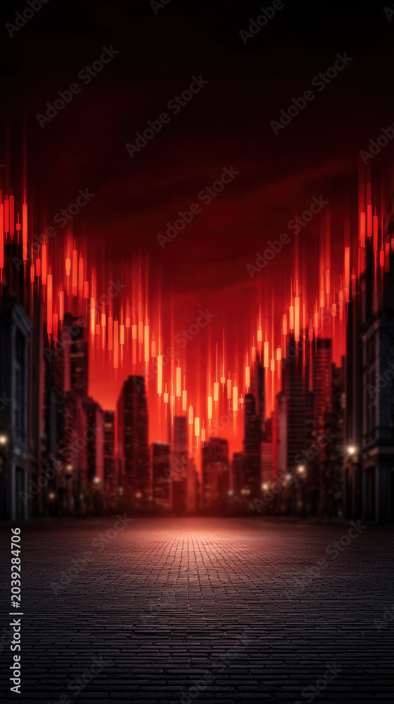 Naklejka premium Red stock chart city street financial crisis market crash economic downturn pandemic impact bear market business risk stock market chart over dark