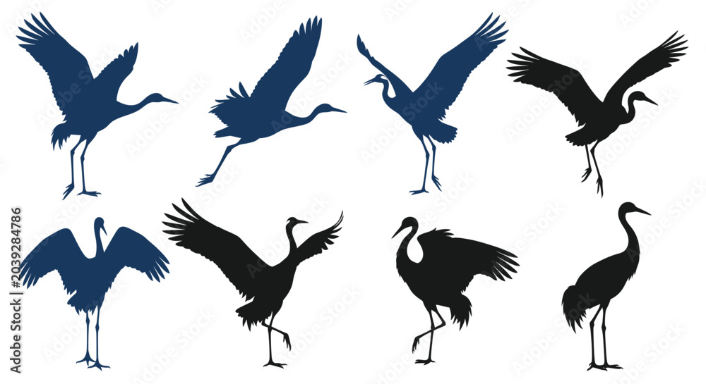 Fototapeta premium Silhouettes of cranes in flight poses.