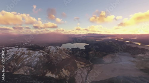 Sunrise aerial view of the snow at Landmannalaugar mountain. Iceland