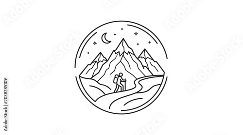Circular line art hiker in starry mountain night landscape.