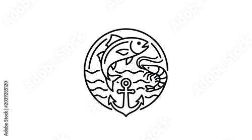 Circular nautical emblem with fish shrimp and anchor.