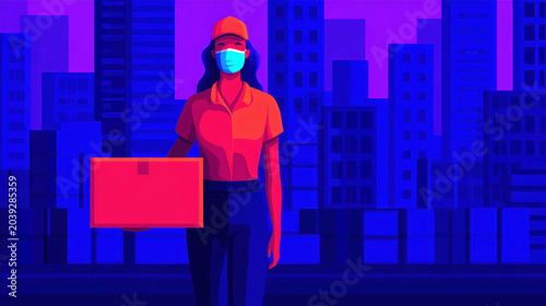 Delivery worker face mask parcel city pandemic economic crisis logistics service during pandemic economic downturn worker uniform carry parcel