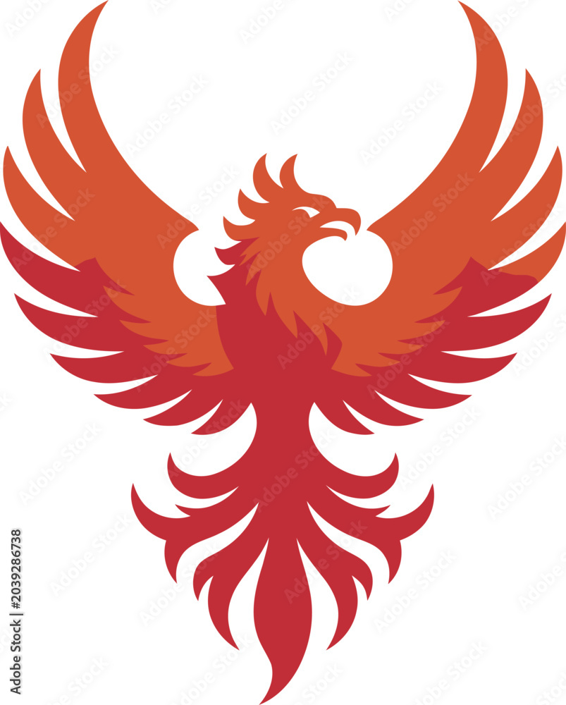 Fototapeta premium Vibrant stylized phoenix bird in orange and red gradient silhouette against plain white background for design