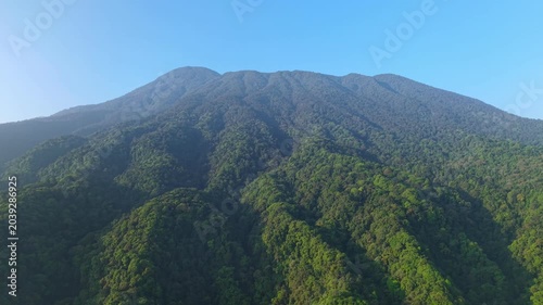 This cinematic drone footage flies low across the ridges and valleys of tropical forest in the Mount Gede Pangrango National Park area, West Java, with dense tree textures.