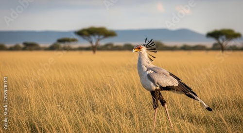 Secretary Bird Standing in African Savanna With Cinematic Wildlife Lighting
