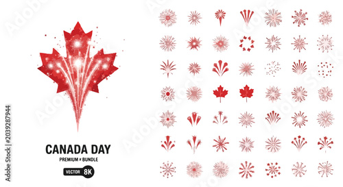 Photos Canada Day fireworks bundle, red maple leaf firework icons set, 49 patriotic cel