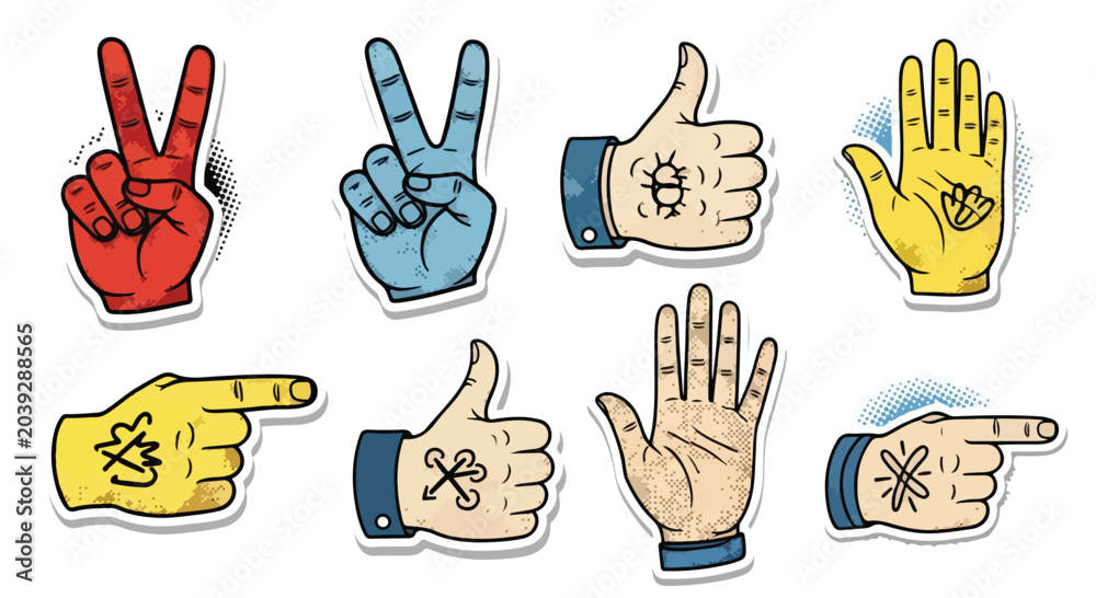 Fototapeta premium Vintage hand gesture sticker set, retro comic style human hands with tattoos, 8 vector icons including peace sign and thumbs up for social media