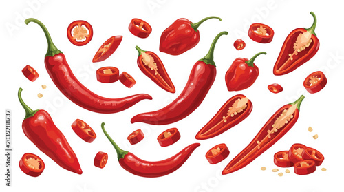 Foto Red chili pepper vector set, realistic spicy hot peppers with whole pods and sli