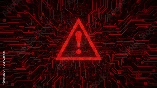 Red warning alert triangle exclamation hacked circuit board network, urgent system breach visual