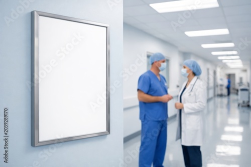 Blank hospital wall mockup poster in corridor... 