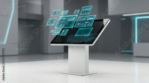 Modern digital information kiosk displaying floating holographic screens with financial data and business charts in a bright minimalist corporate lobby