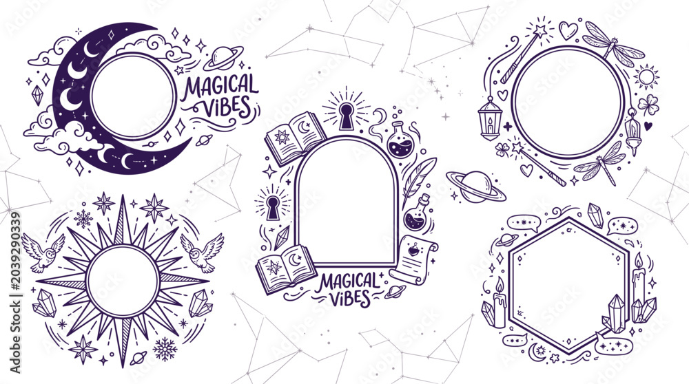 Fototapeta premium Hand drawn mystical celestial frame vector set, magical doodle border illustrations with moon, stars, and witchcraft elements