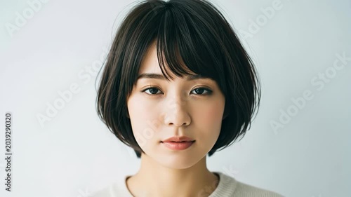 黒髪ショートボブの髪型が似合う真剣な眼差しの女性