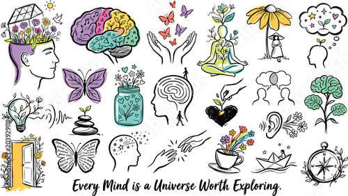 Foto Hand drawn mental health and psychology doodle vector set with brain, mindfulnes