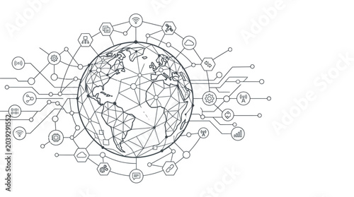 Global Network Connections: Earth Globe with Digital Technology Icons