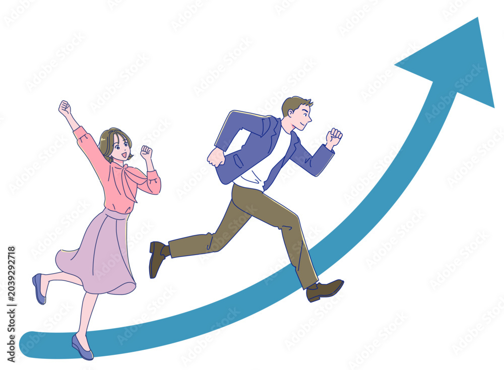 Fototapeta premium 上向きの矢印と走る若い社会人男女
