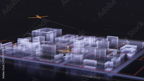 Smart city digital twin visualization, transparent building volumes, satellite system