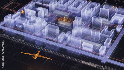 Schilderij op canvas Artificial intelligence object detection, smart city, autonomous drone scanning