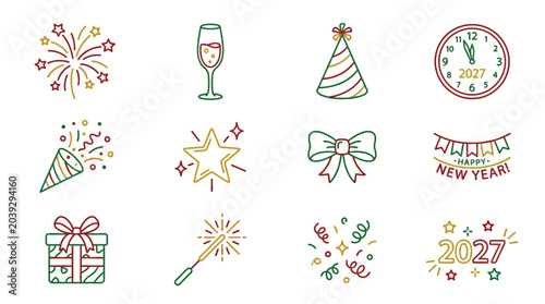 Photography A set of festive line icons for New Year's Eve celebrations, featuring fireworks, champagne, party hats, clocks, gifts, and confetti