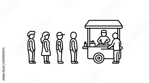 Tableau sur toile Customers waiting at mobile street food cart line art.
