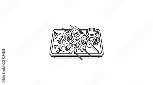 Foto Platter of japanese yakitori skewers line art illustration.