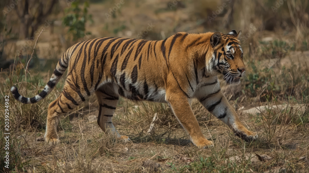 Fototapeta premium Bengal tiger walking through dry grass with visible muscle and focused expression