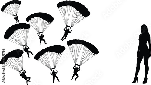 Quadro su tela Black silhouette illustrations of parachutists descending with parachutes and ob