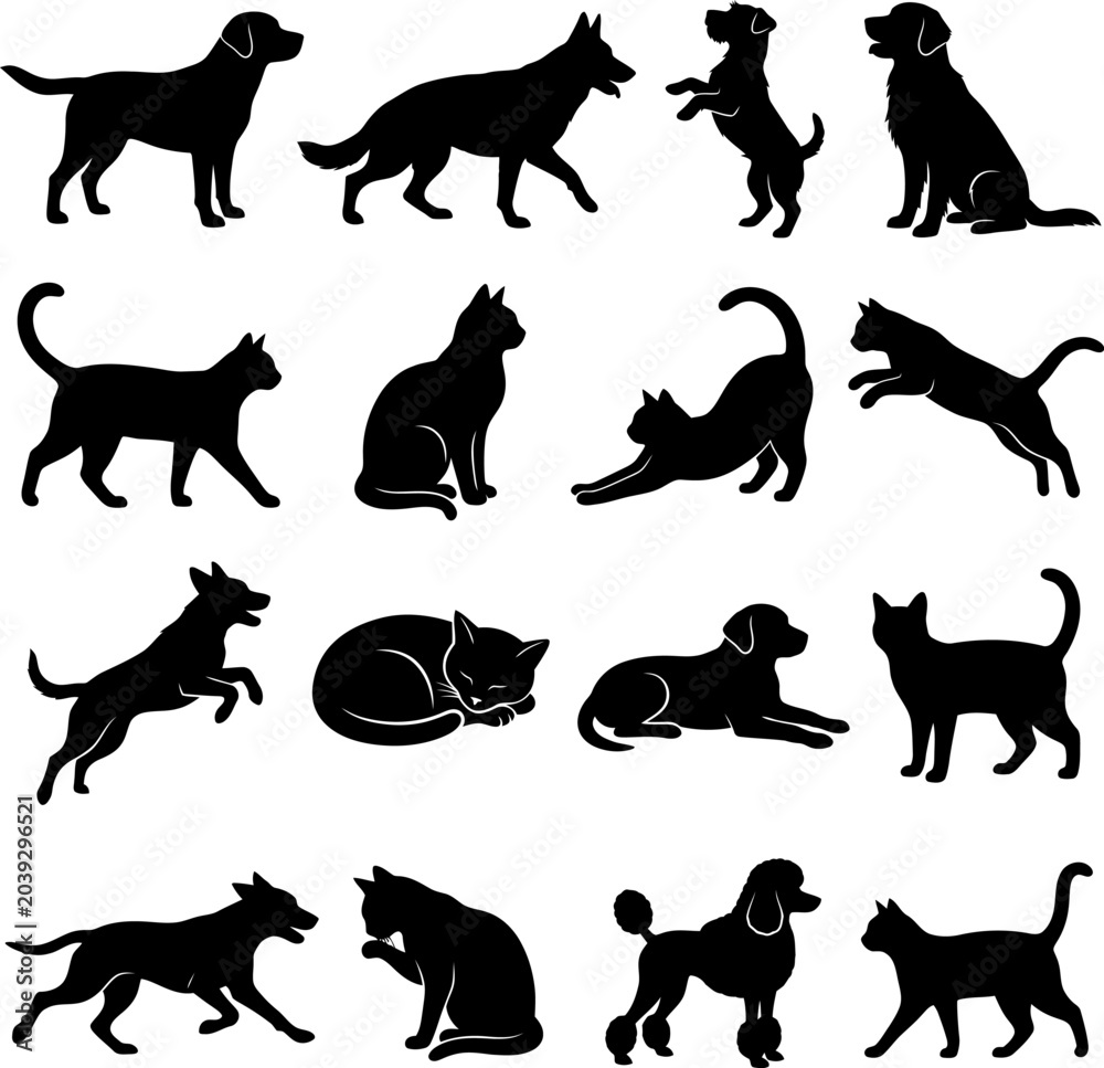 Obraz premium Set of black silhouettes of domestic cats and dogs in various poses
