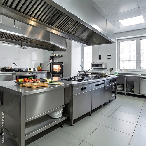 Commercial kitchen interior with stainless steel.