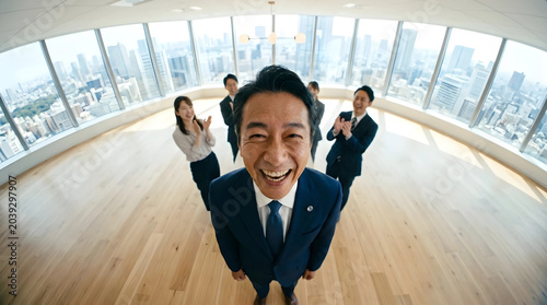 プロジェクトの成功をチームで喜び合うビジネスリーダー。魚眼レンズで捉えたダイナミックなハイアングルと、明るいオフィスに溢れる笑顔。
