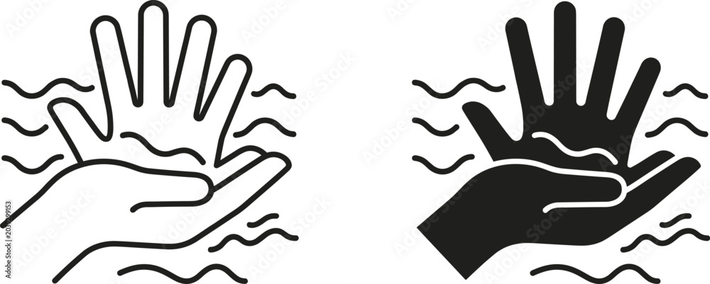 Fototapeta premium Water rescue and life saving support concept with helping hand reaching out outline and solid icon set