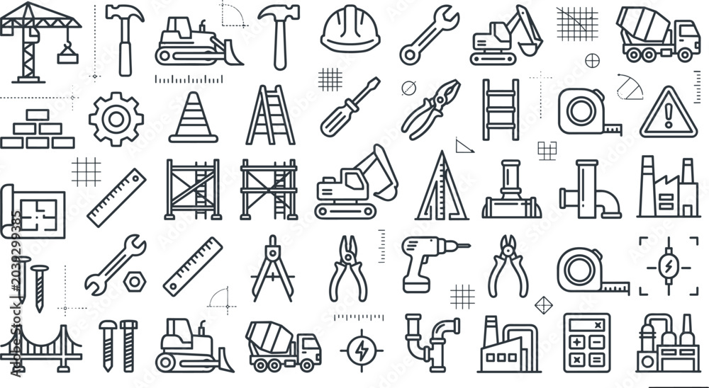 Fototapeta premium Construction Icon Illustration Featuring Tools and Industrial Scenes in Vector Artwork