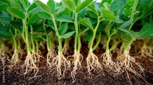 Young plant seedlings display vibrant green foliage and exposed fibrous root systems within dark soil.