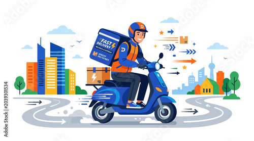 Courier on scooter delivering packages in urban cityscape illustration