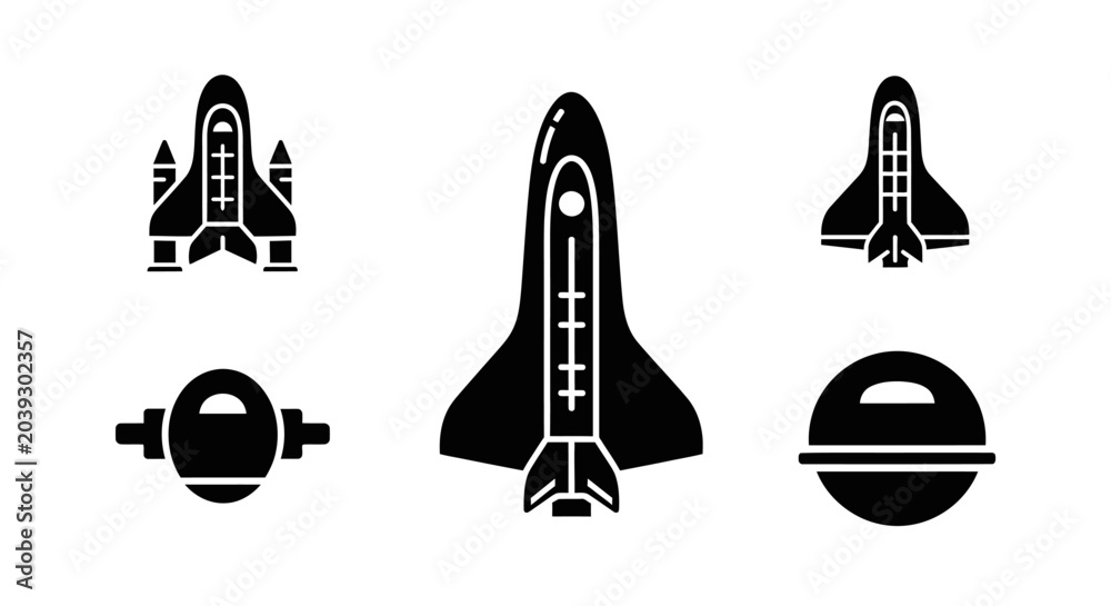 Fototapeta premium Spacecraft Icons: Rocket, Shuttle, Spaceship, Satellite, UFO
