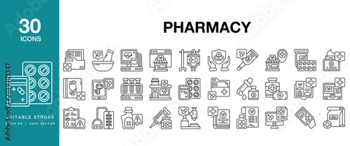 Pharmacy icon set. Includes pharmacy, medicine, medication, drugstore, pharmacist and More. Editable Stroke Icon Collection.