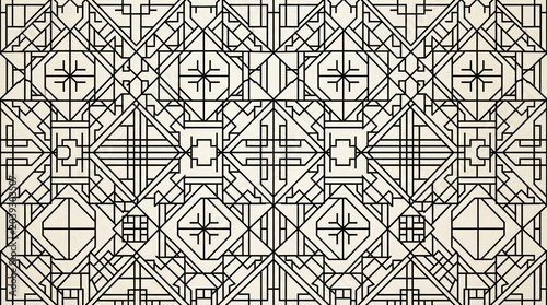 Traditional geometric korean pattern with black linear lattice design on beige paper background