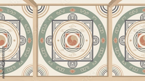 Traditional mandala inspired korean pattern with taegeuk symbols and circular motifs, yin yang