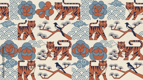 Korean pattern with traditional tigers and magpie on tree branches traditional folklore oriental